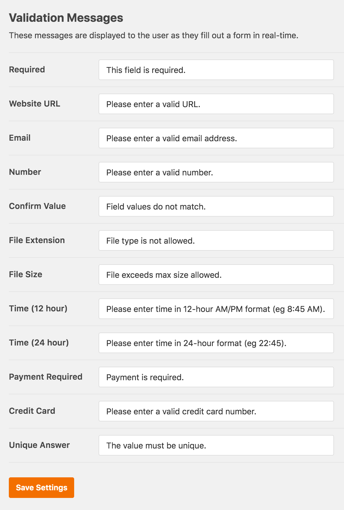 Validation messages settings