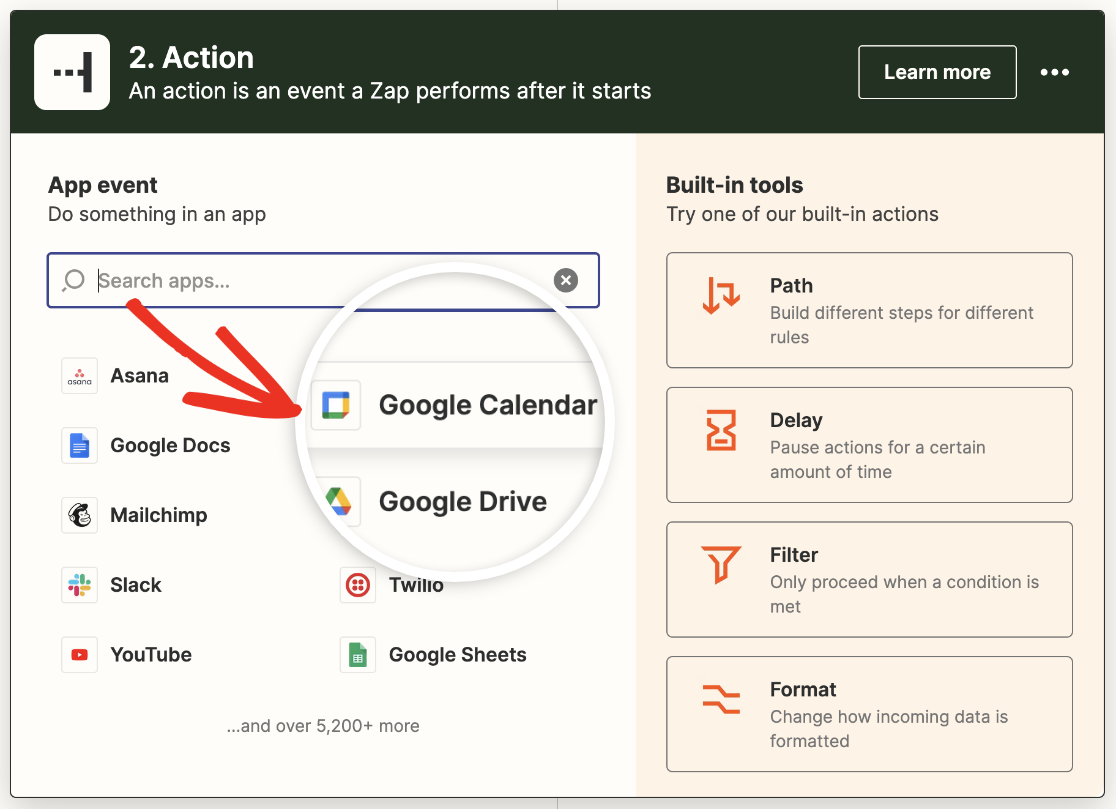 Selecting Google Calendar as the action app in Zapier