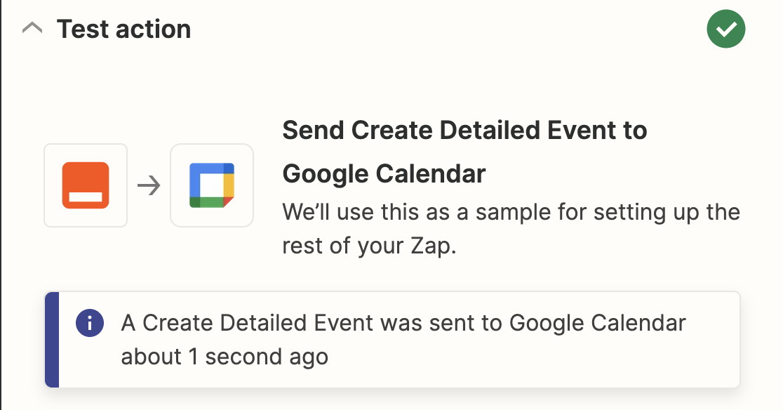 A success message for a Zapier connection test for Google Calendar