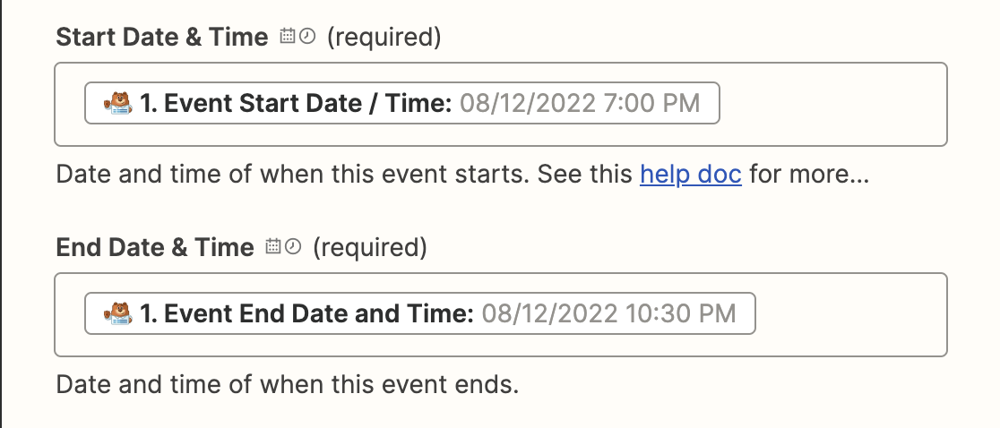 Selecting the start and end times from your Google Calendar form