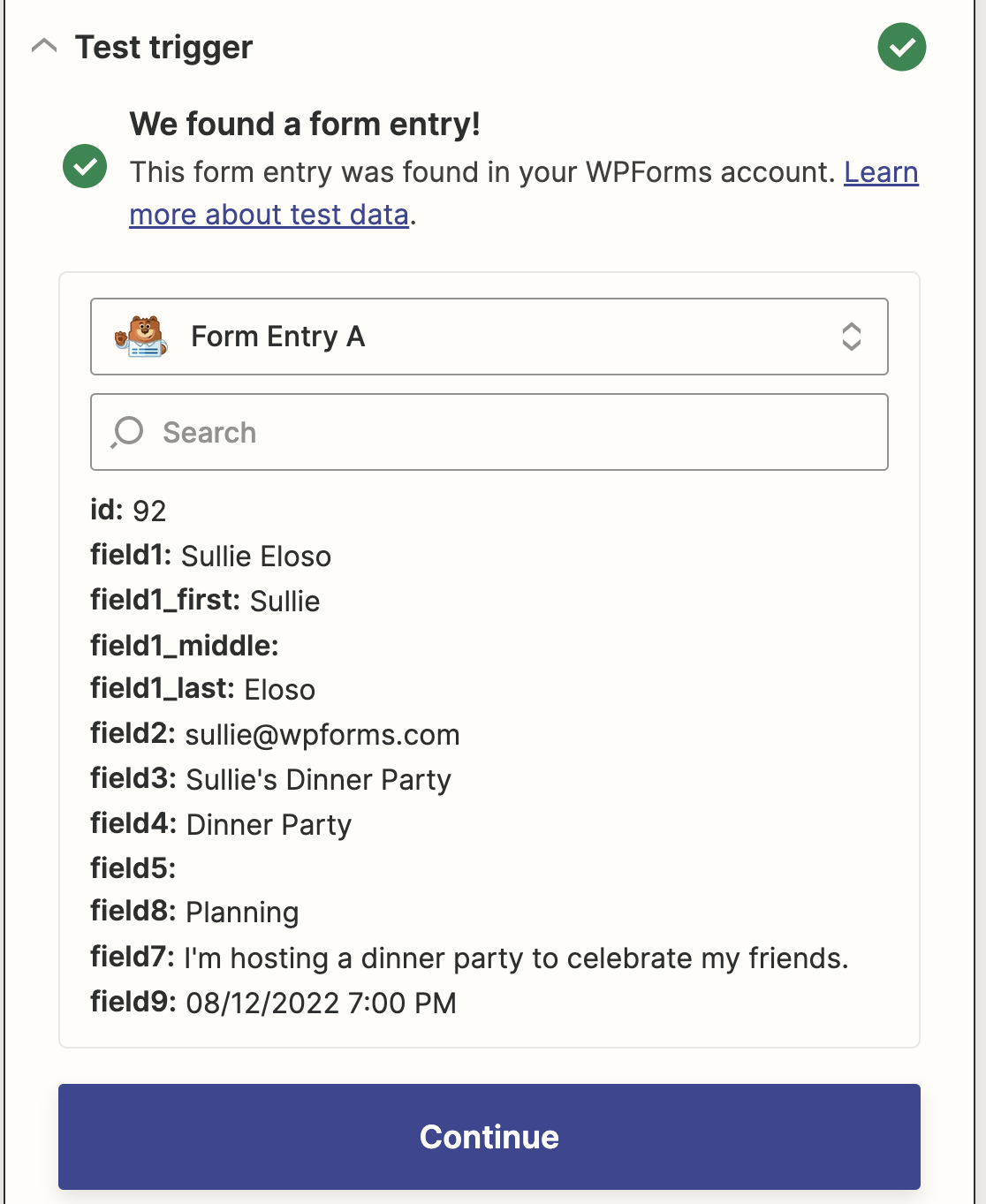 A Zapier test entry for a Google Calendar form