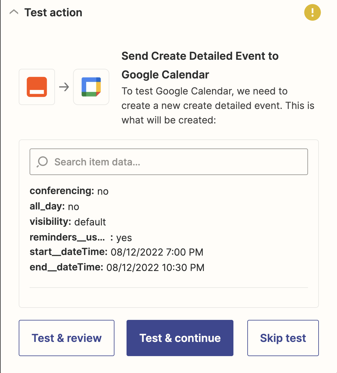 Testing your Google Calendar form connection to Zapier