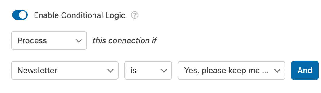 Enabling conditional logic and creating a conditional logic rule for an AWeber connection