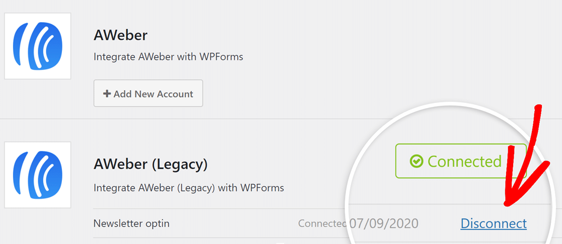 Disconnect existing AWeber (Legacy) connection