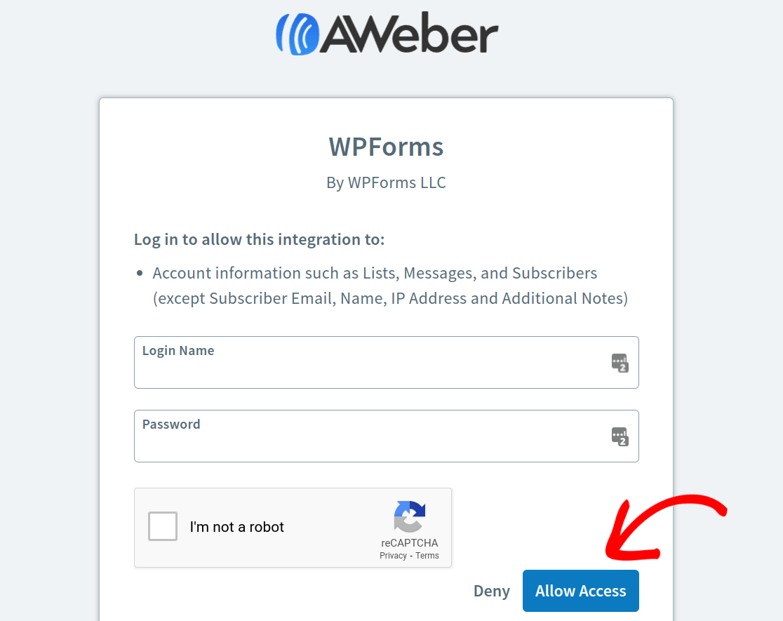 Logging in to AWeber and allowing WPForms to access your account