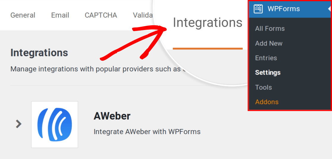 Accessing the WPForms Integrations settings