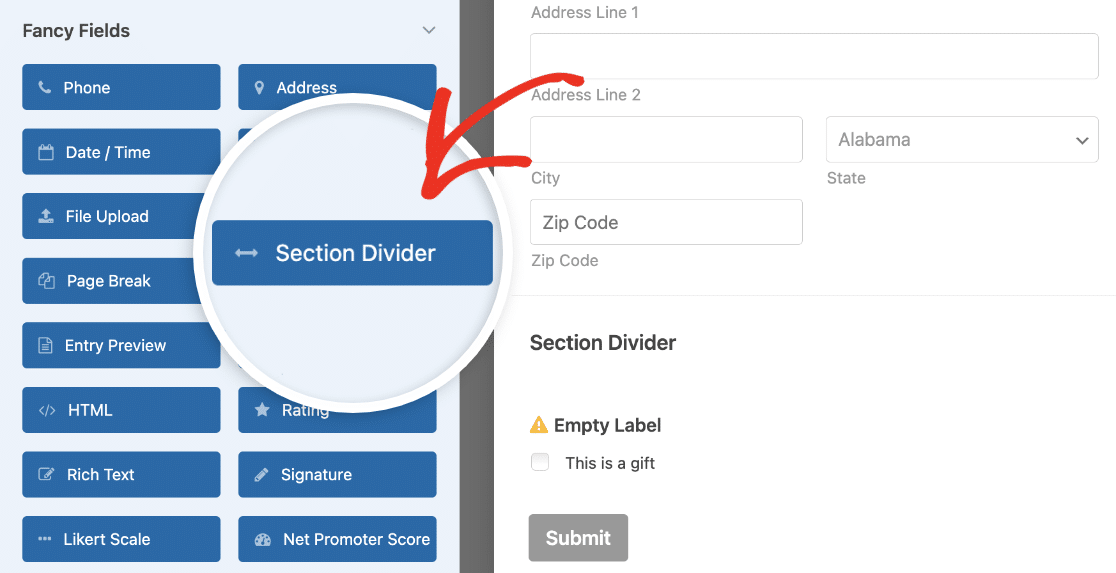 Adding a section divider to the Tshirt Order Form template