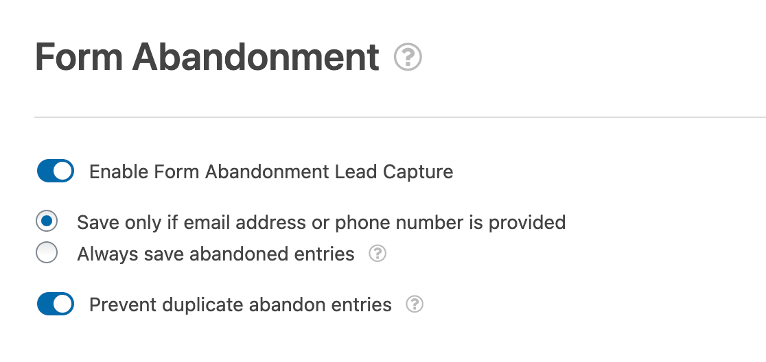 WPForms form abandonment settings