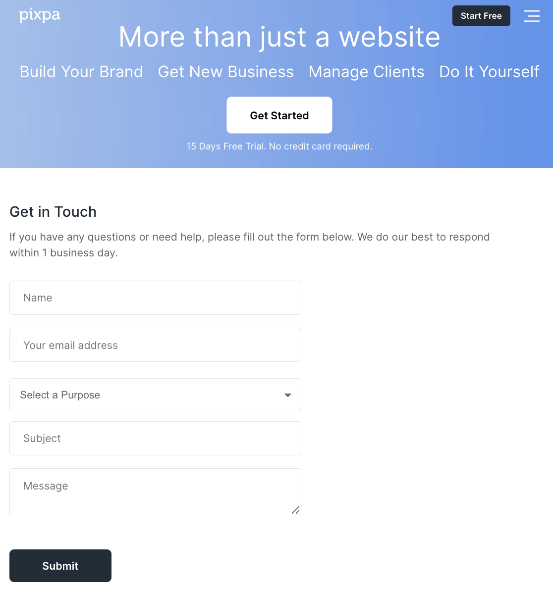An example of a Contact page form