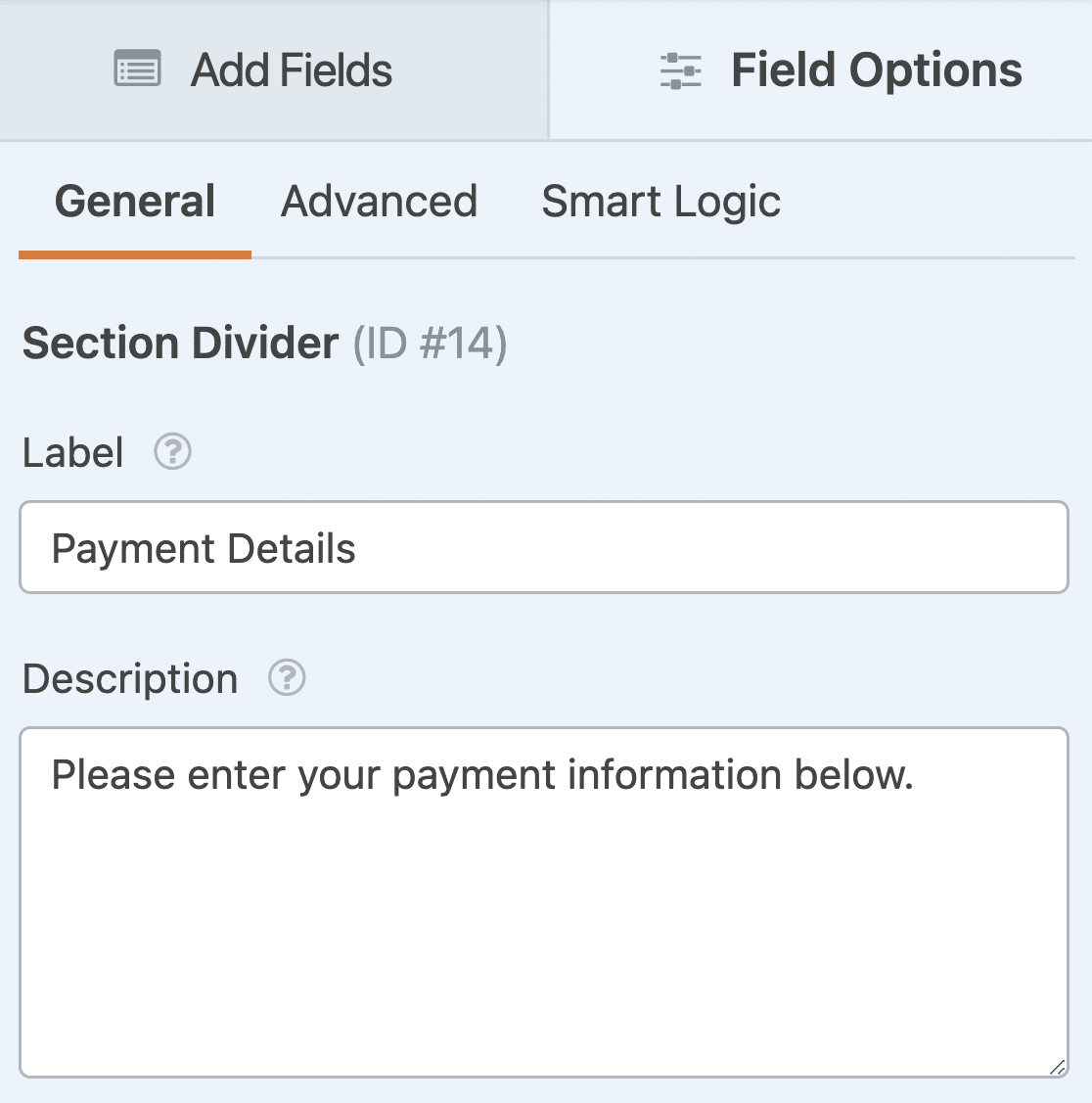 Editing the field options for a Section Divider