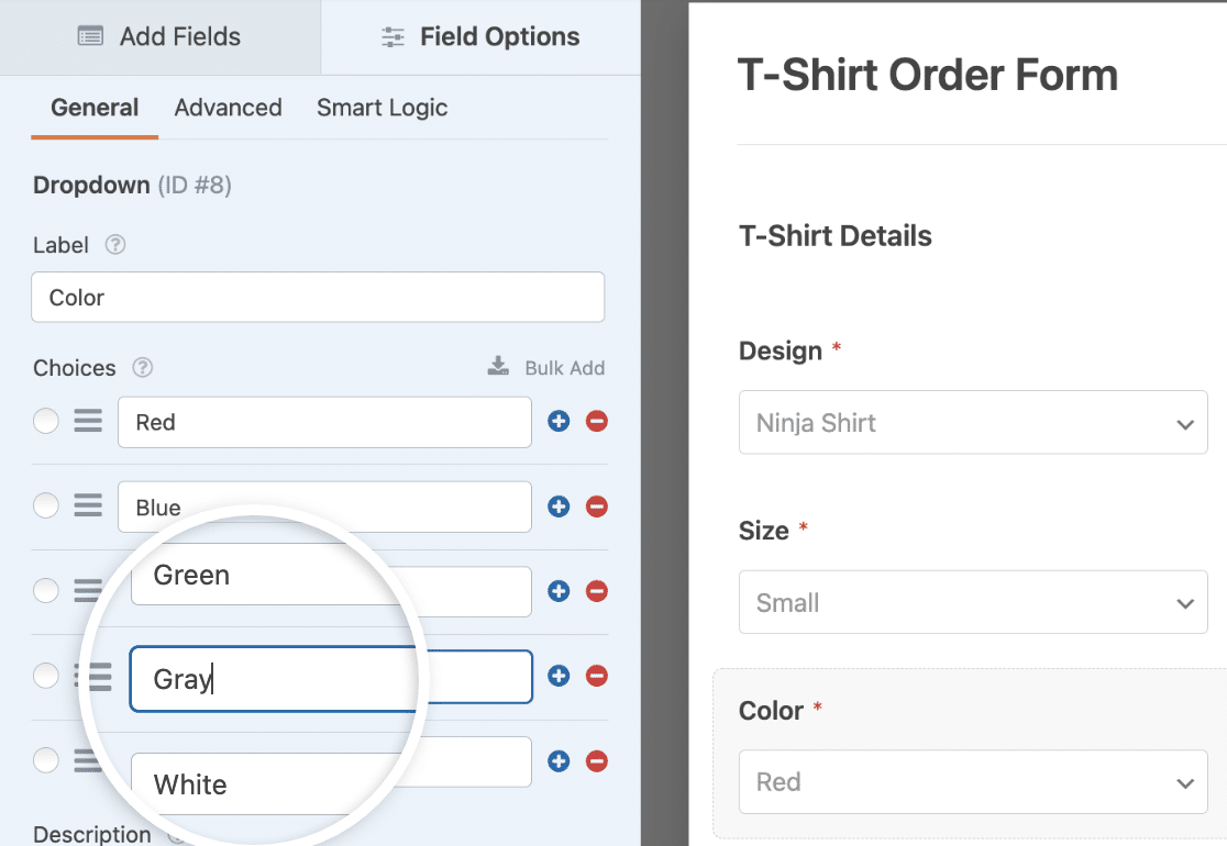 Changing the color options in the Tshirt Order Form template