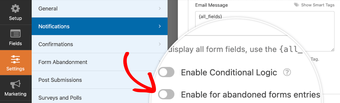 Enabling an abandoned form email notification