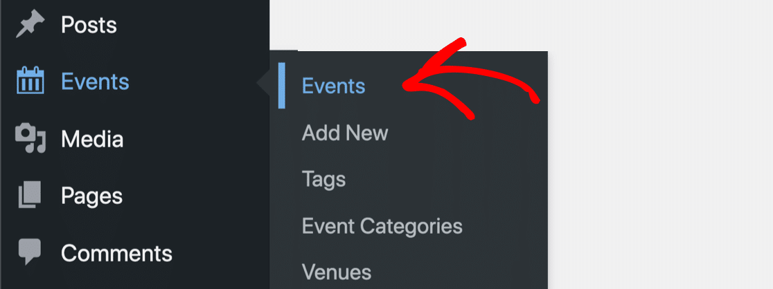 The Events Calendar menu in WordPress