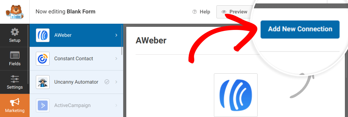Adding a new AWeber connection to a Newsletter Signup form