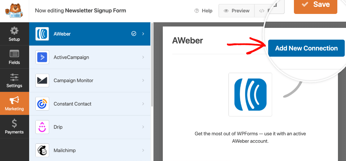 AWeber addon in Pro license form builder