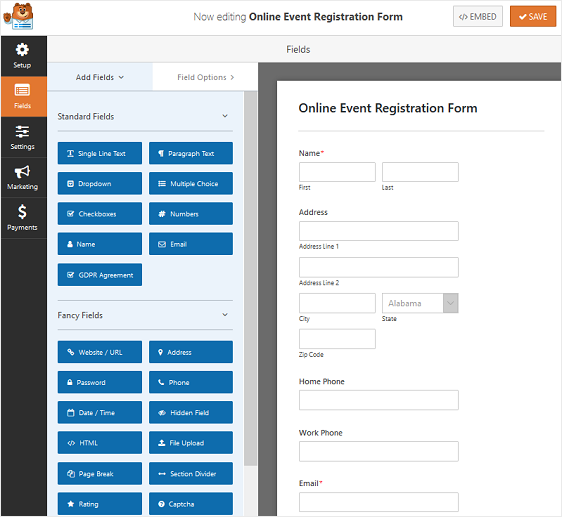 formular de înregistrare a evenimentelor online