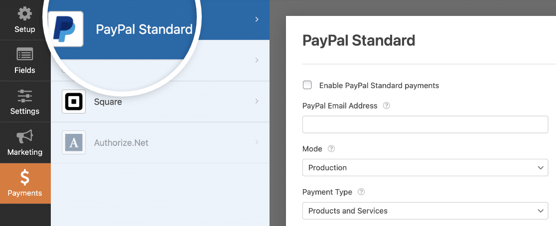 Accessing the PayPal Standard settings for a form