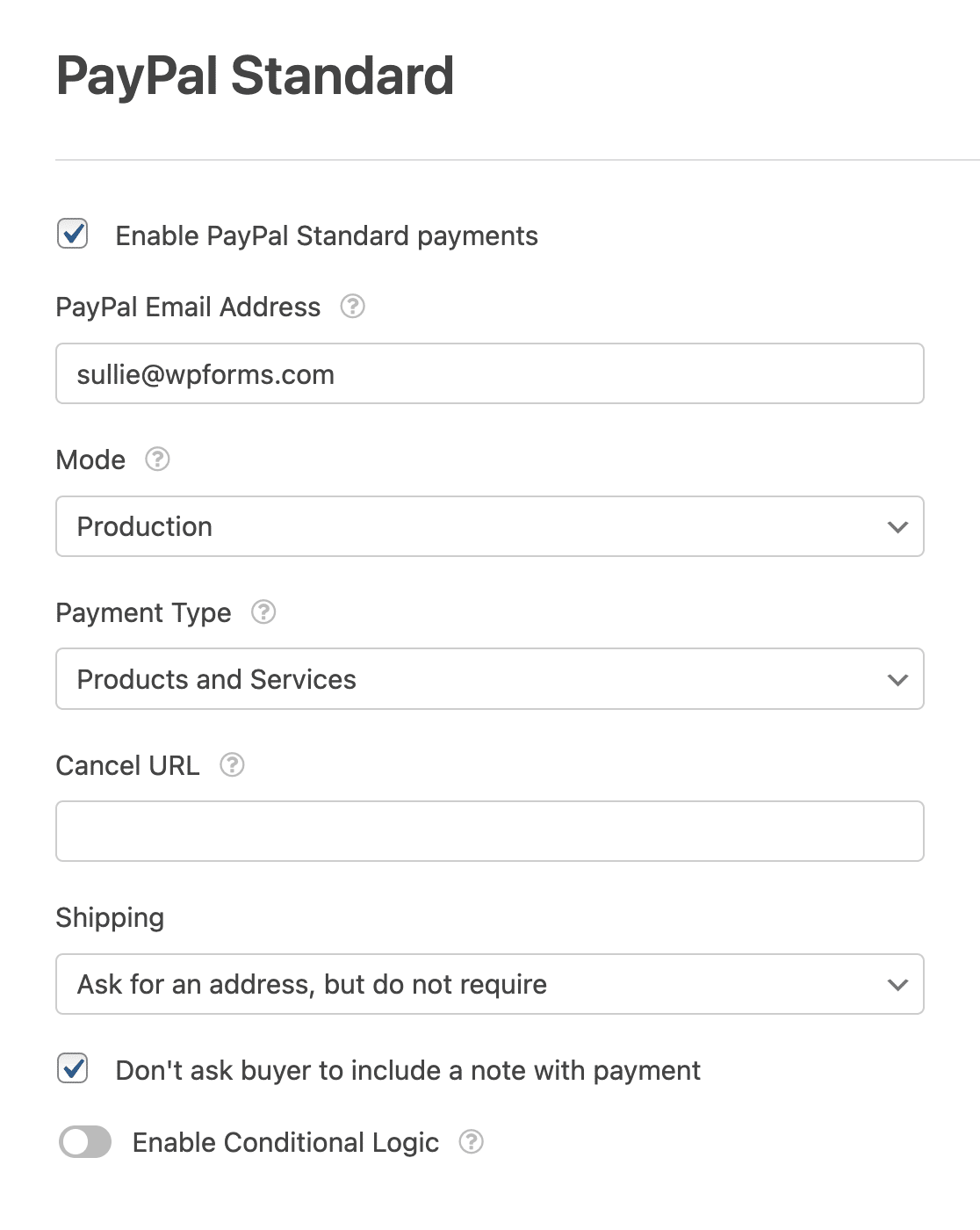 Configuring the PayPal Standard settings