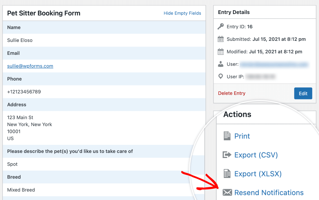 The Resend Notifications action on a form entry page