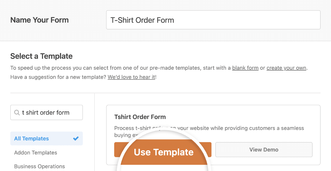 Selecting the Tshirt Order Form template