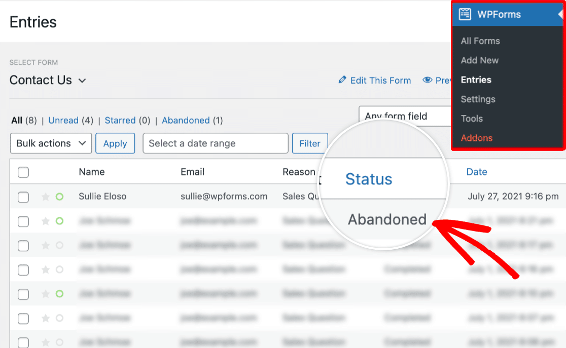 Viewing an abandoned form entry