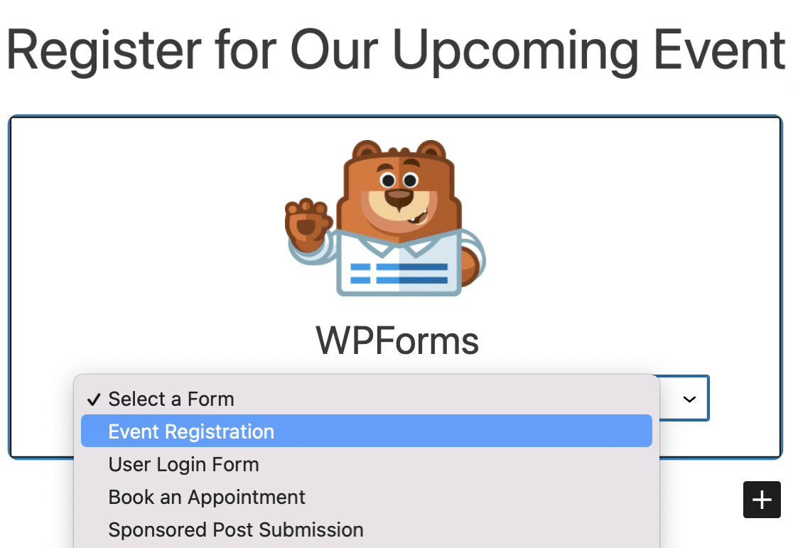 Choosing your event registration form in the WPForms block