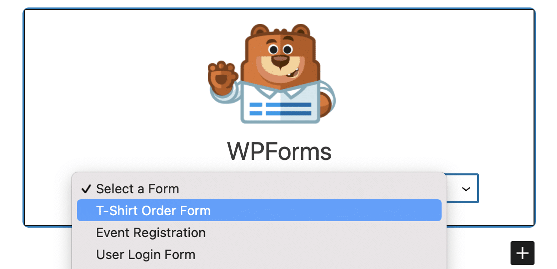 Selecting your t-shirt-order form in the WPForms block