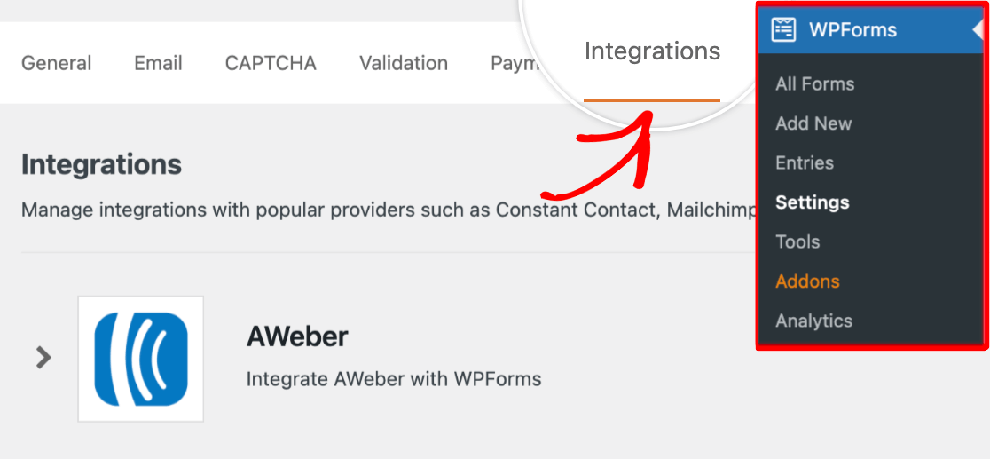 Accessing the WPForms Integrations settings
