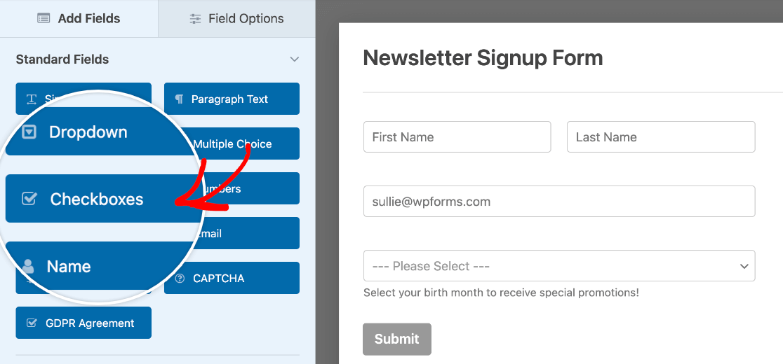 Adding a Checkboxes field to a form