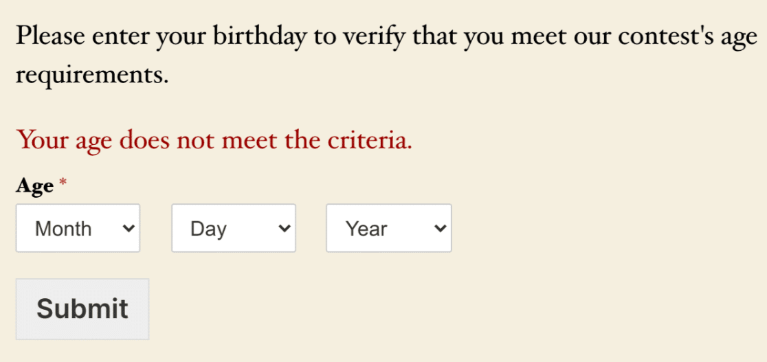 The age verification validation message