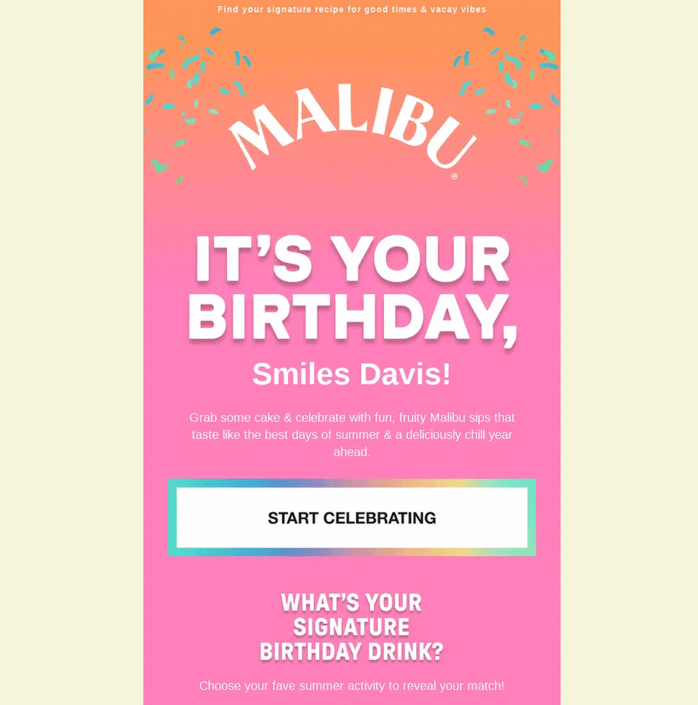 Malibu Geburtstags-Promo-Poster mit pinkem Farbverlauf, fetter weißer Schrift 'IT'S YOUR BIRTHDAY, Smiles Davis!' und türkisfarbenem Konfetti.