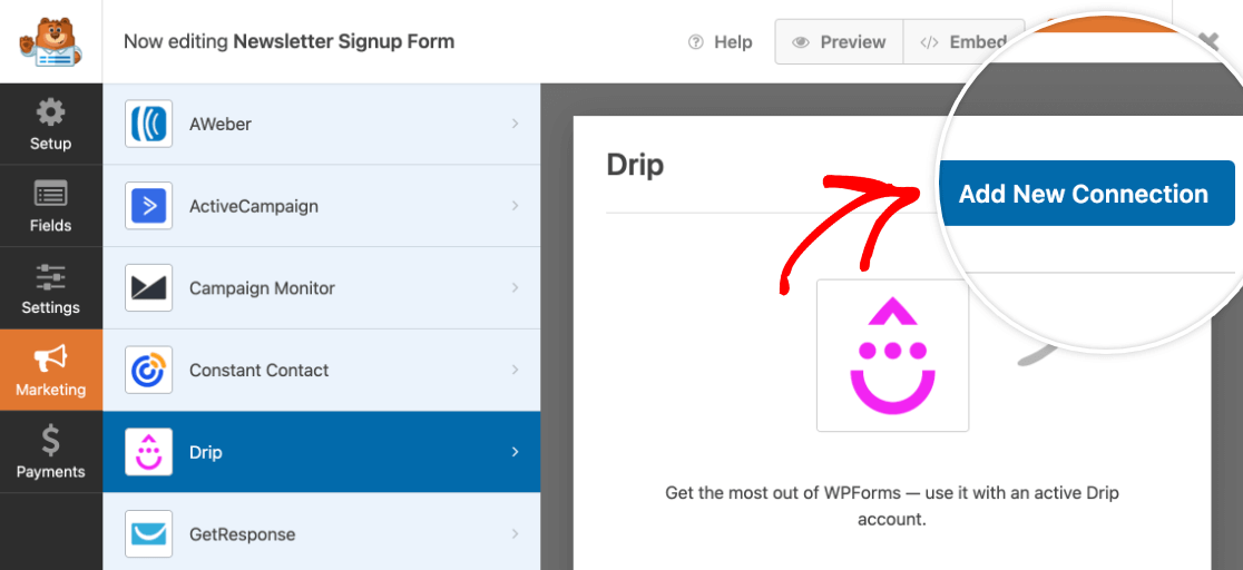 Adding a new Drip connection to a form
