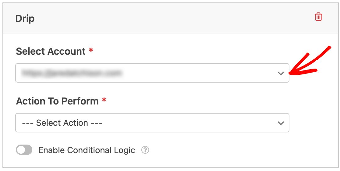 Selecting a Drip account to connect to a form