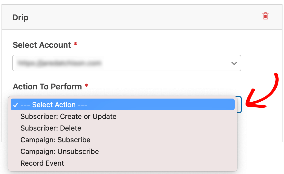Selecting an action to perform in Drip when this form is submitted