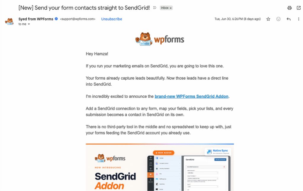 Werbe-E-Mail von WPForms, die das brandneue SendGrid Addon mit Logo und Einführungstext ankündigt.