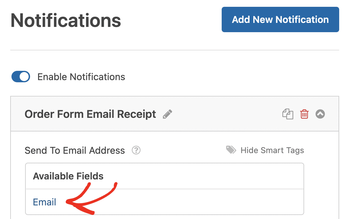 Selecting the customer email for the Send To Email Address for an email notification