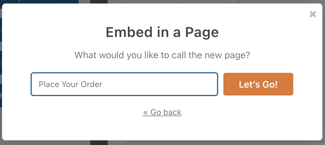 Naming a new page to embed your order form on