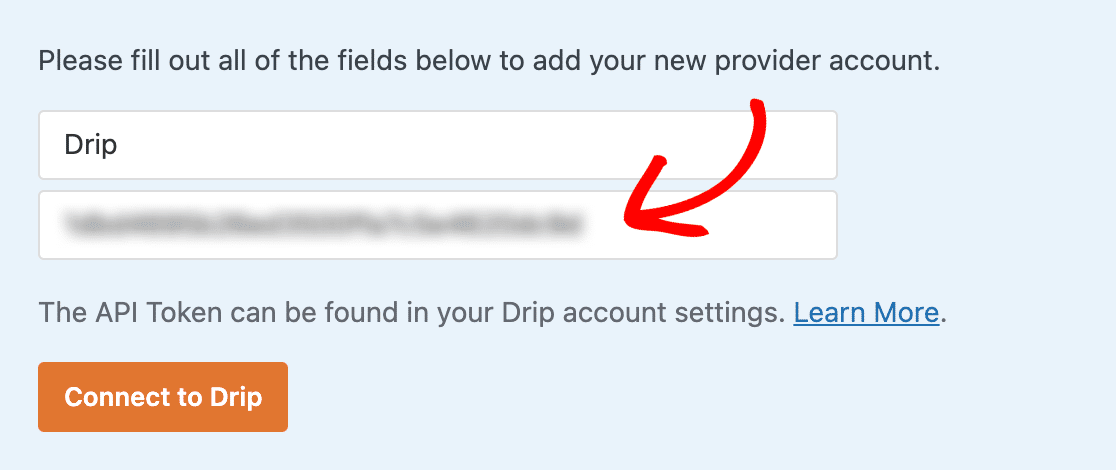 Pasting the Drip API Token into the WPForms settings