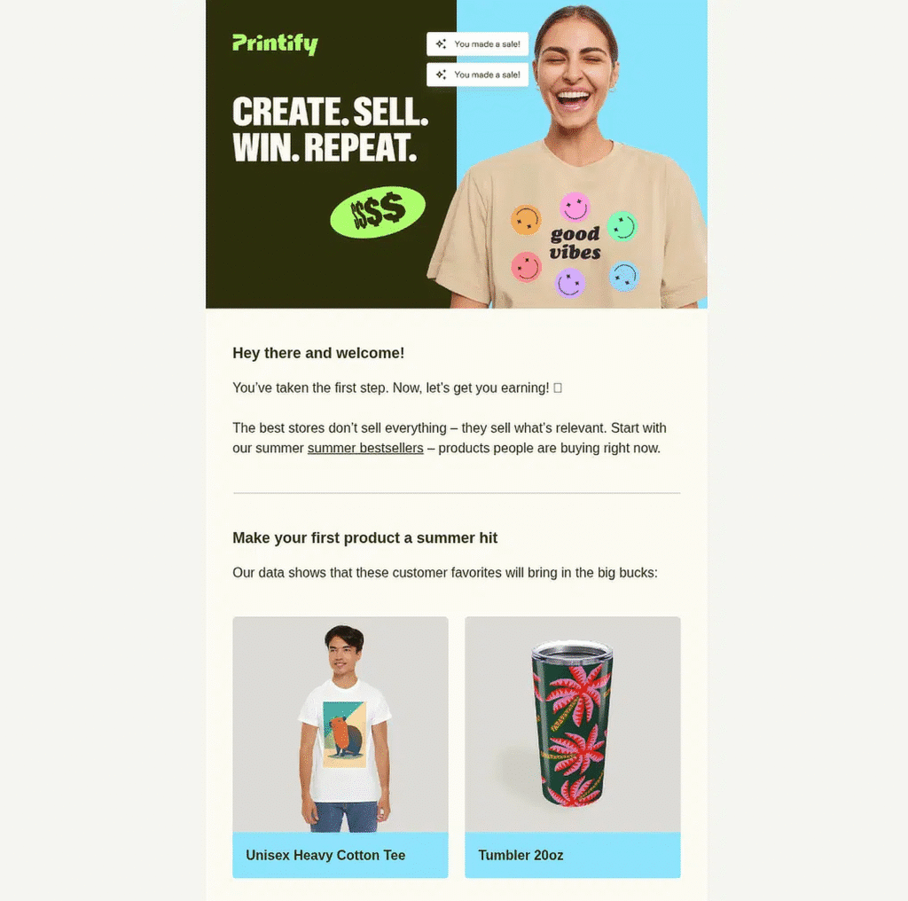 Split-Screen-Held: linke dunkle Seite mit 'Printify' und dem Slogan 'CREATE. SELL. WIN. REPEAT.'; rechte Seite eine lächelnde Frau mit einem 'good vibes'-T-Shirt auf blauem Hintergrund.