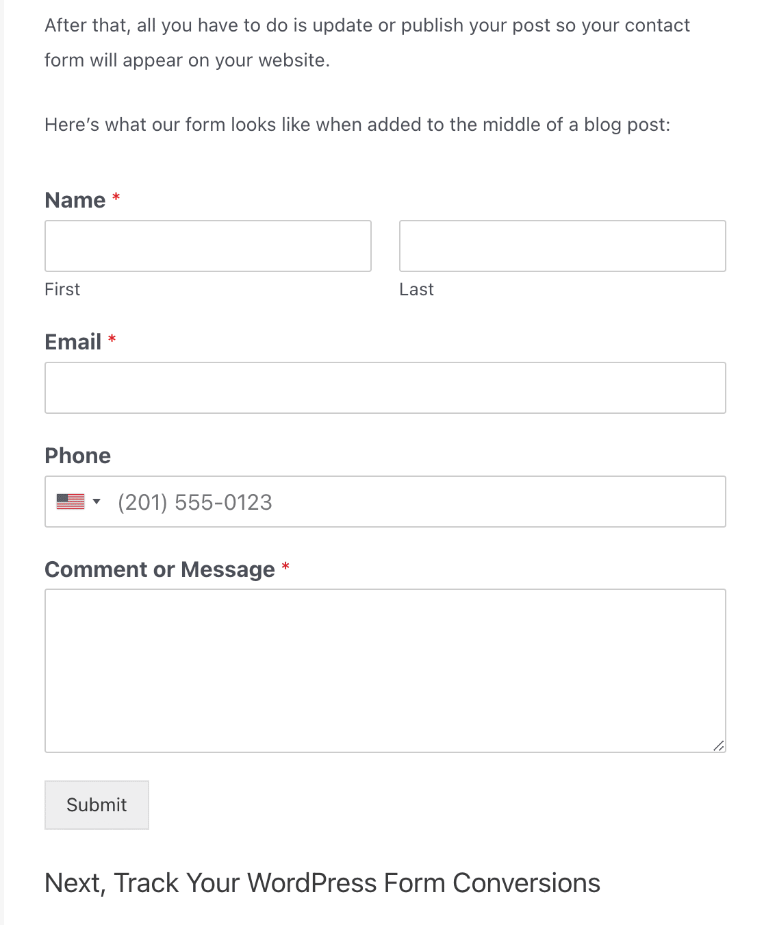 A contact form in a blog post