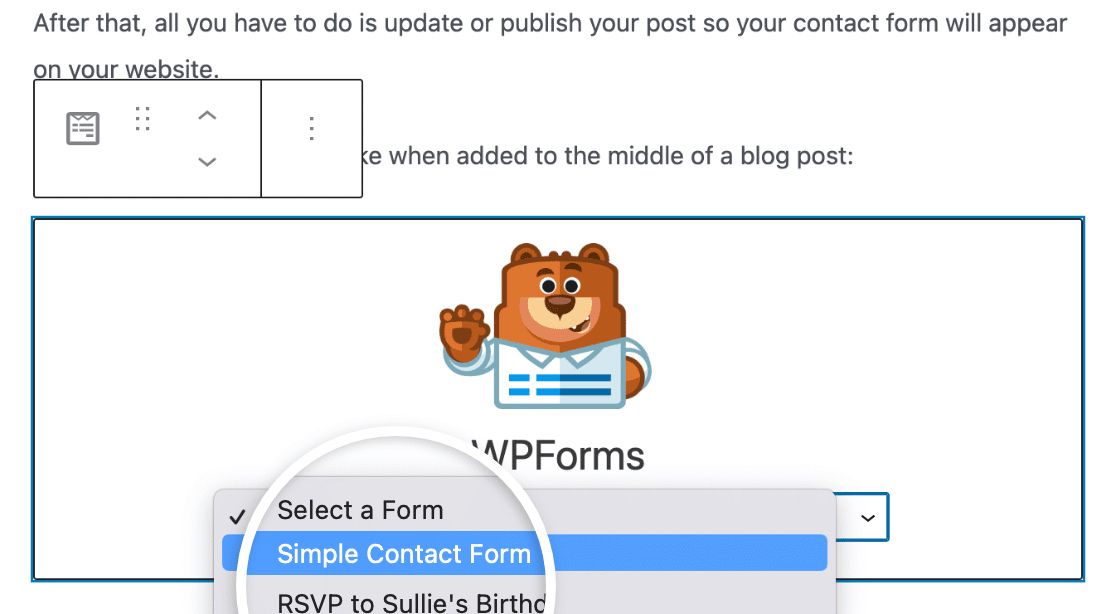 Selecting your contact form in the WPForms block