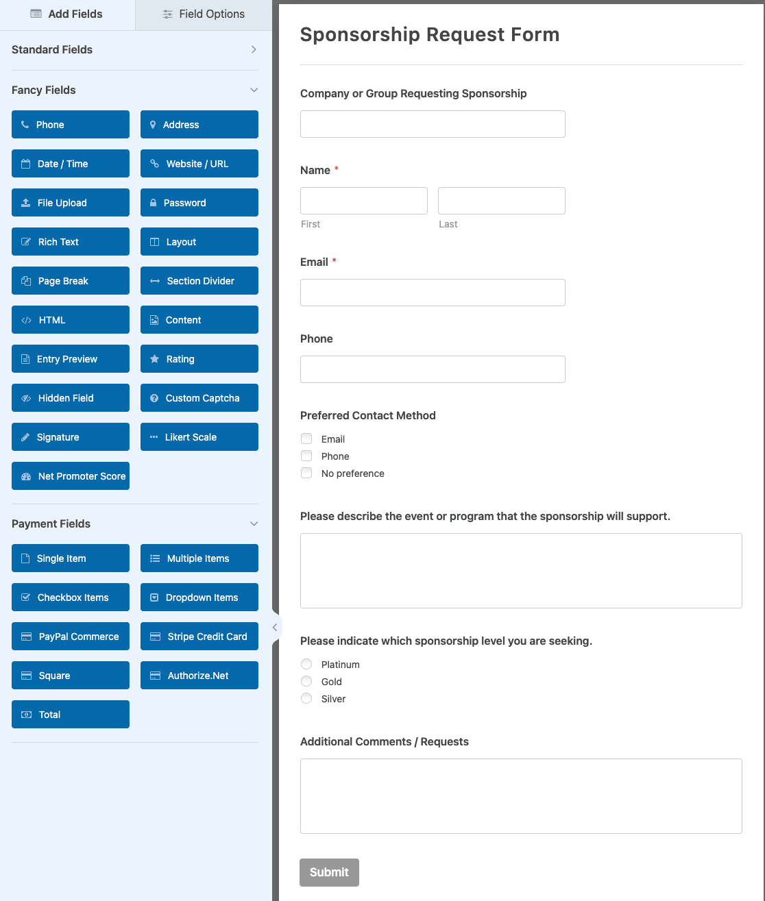 Customizing the Sponsorship Request Form template