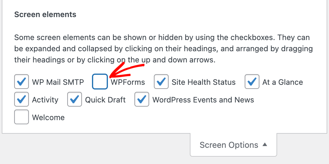 Hiding the WPForms dashboard widget using the Screen Options menu