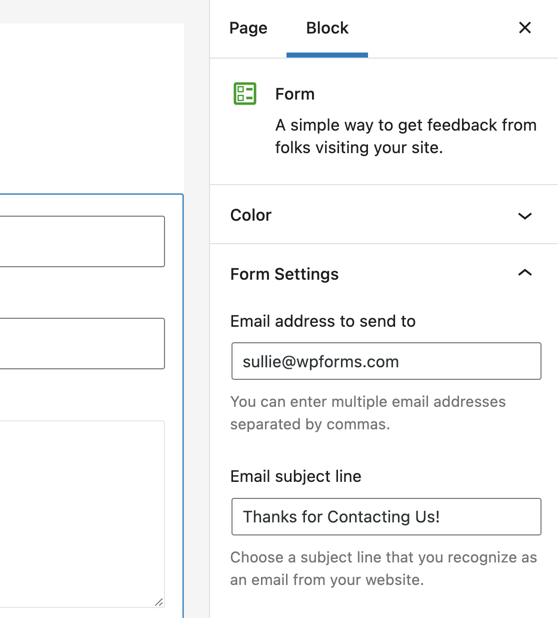 The Jetpack form email settings