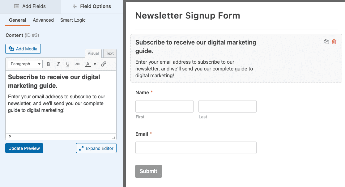 Adding a Content field to include a lead magnet description in a newsletter signup form