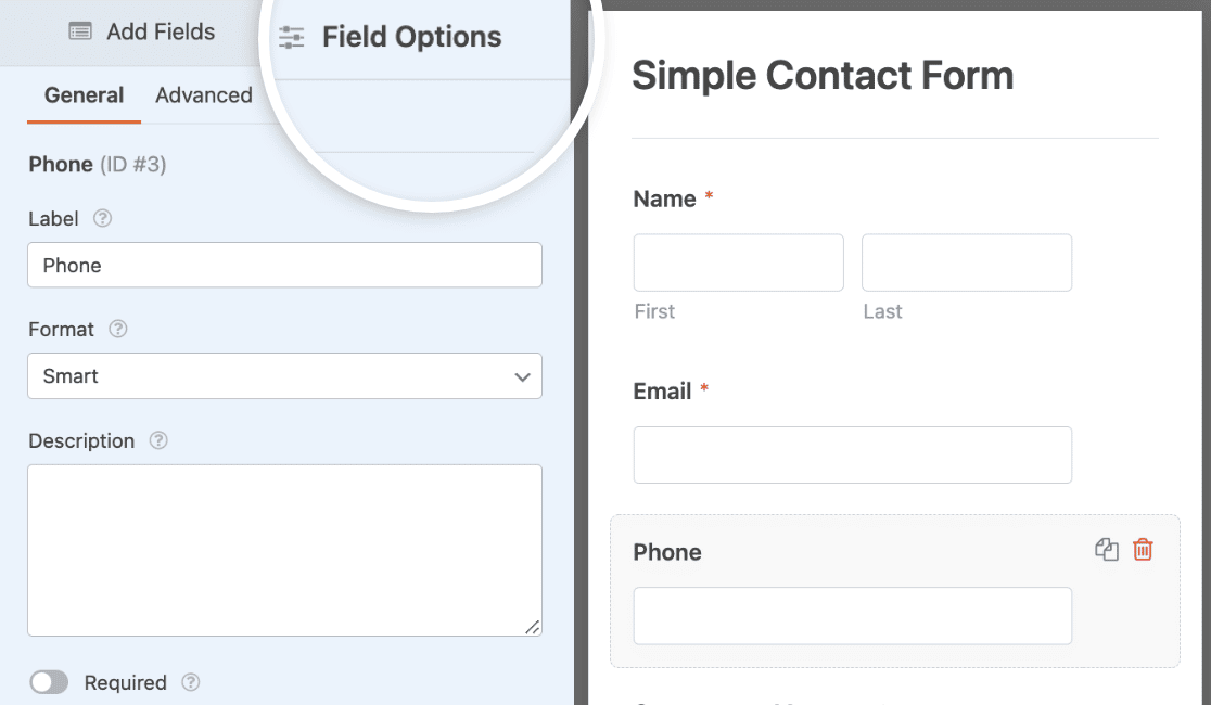 Opening the field options for a Phone field