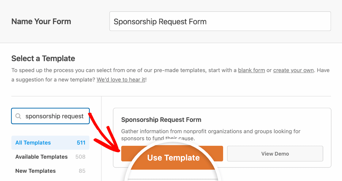 Selecting the Sponsorship Request Form template