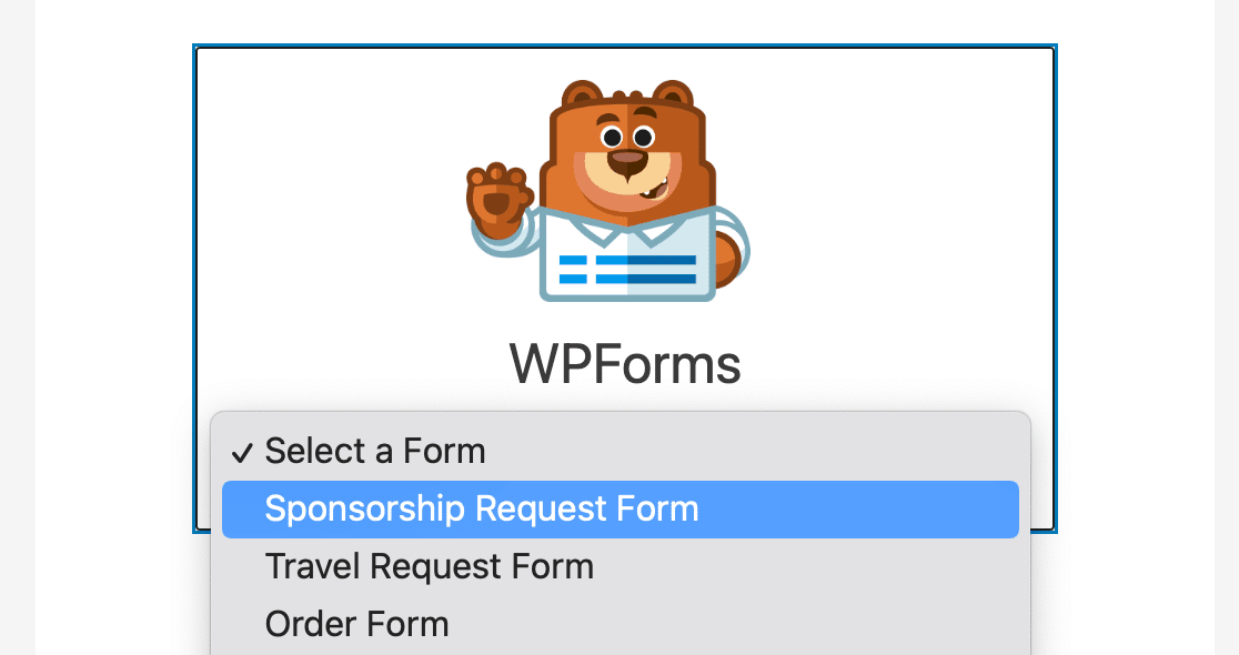 Choosing your sponsorship request form from the WPForms block