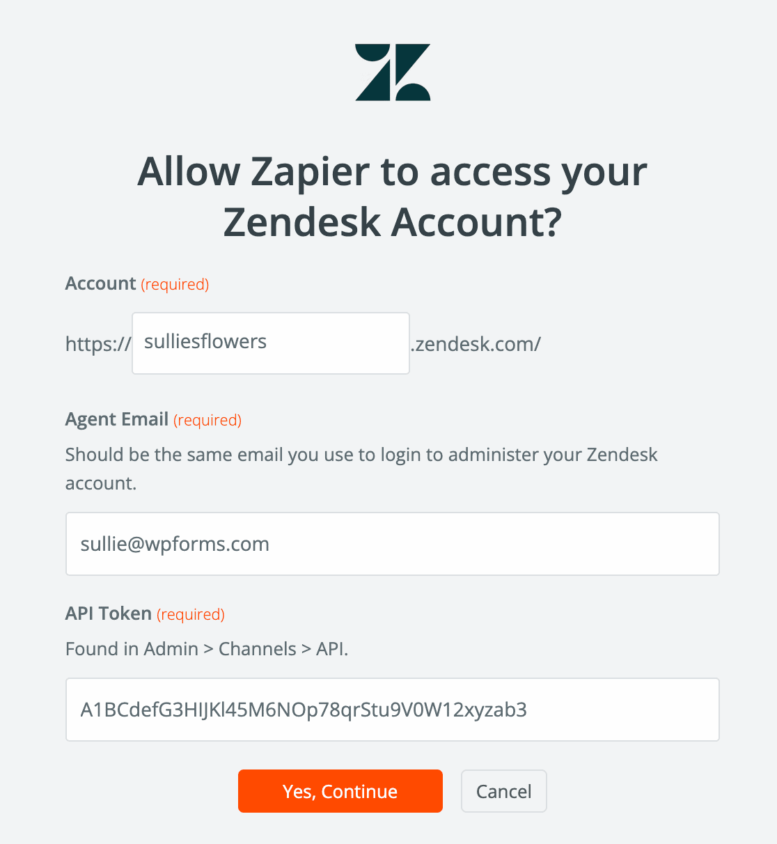 Adding your Zendesk URL, email, and API key in Zapier