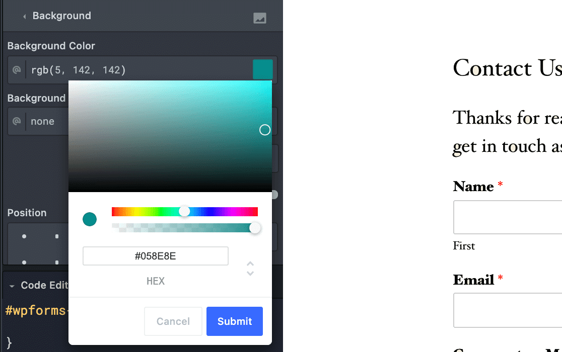 Using the CSS Hero color picker to set a background color for a Submit button